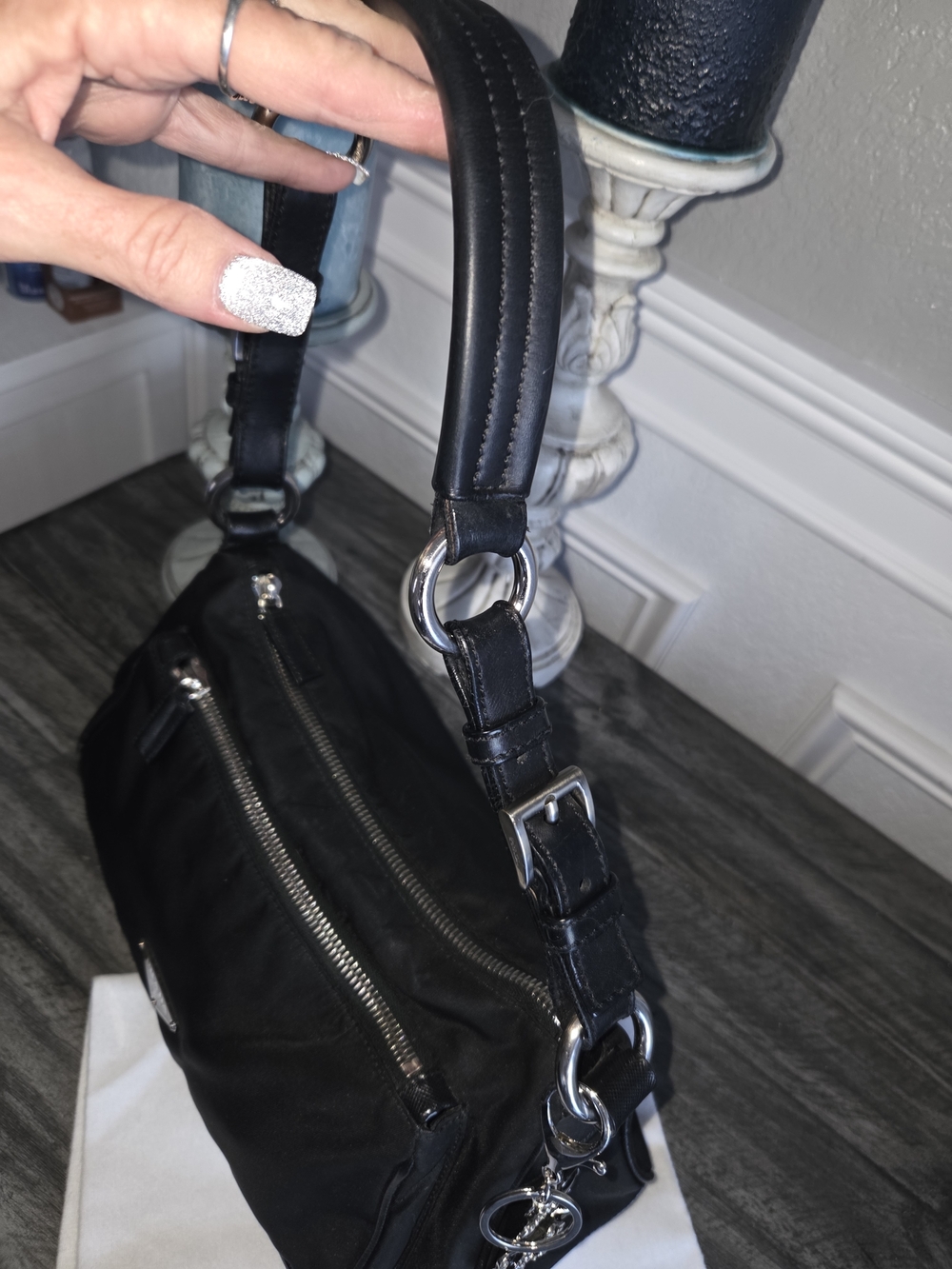 Prada Black Nylon Shoulder Bag with Chain-Link Strap - Picture 5 of 16